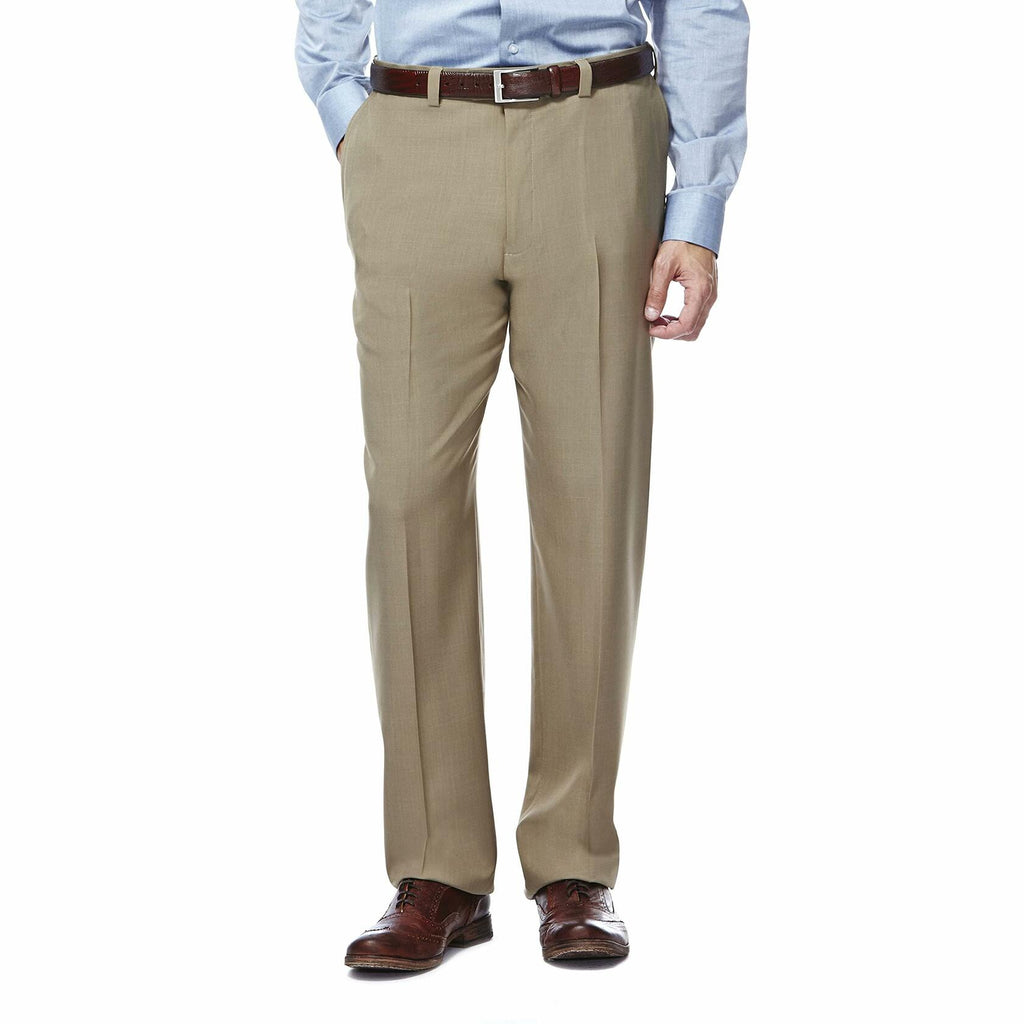 Haggar mens Eclo Stria Expandable-waist Plain-front dress pants, Taupe, 38W x 30L US