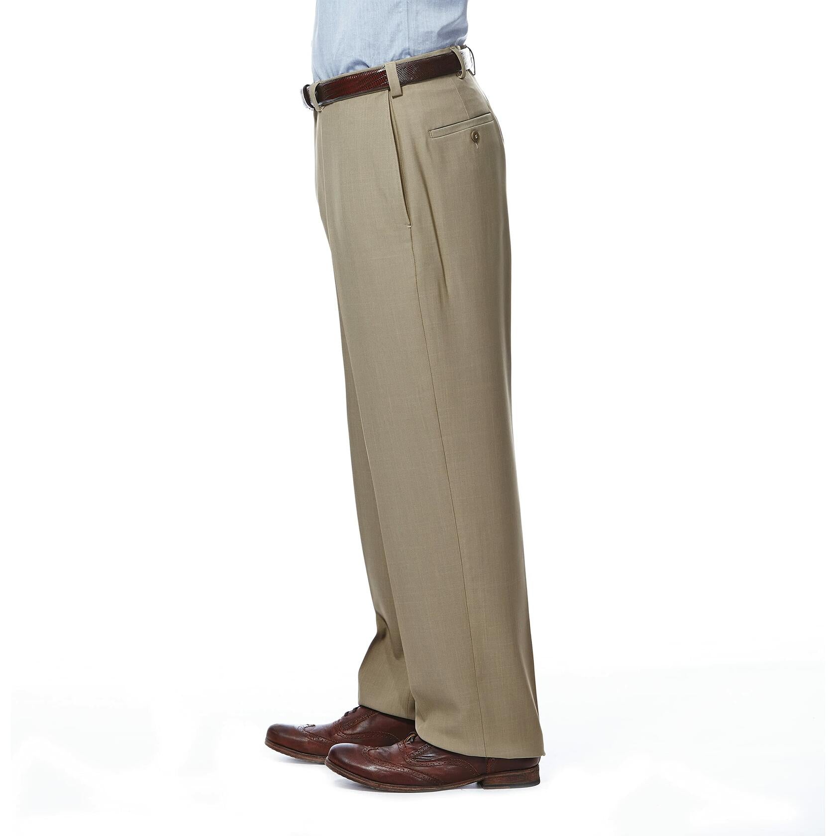 Haggar mens Eclo Stria Expandable-waist Plain-front dress pants, Taupe, 38W x 30L US
