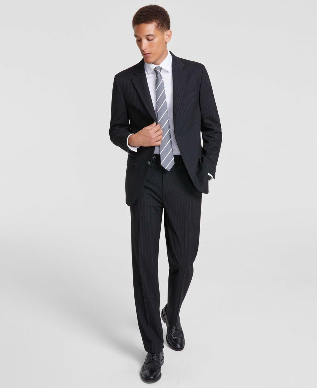 Nautica Mens Modern fit 2 Piece Suit 38 R / 32 Waist Black Striped Stretch