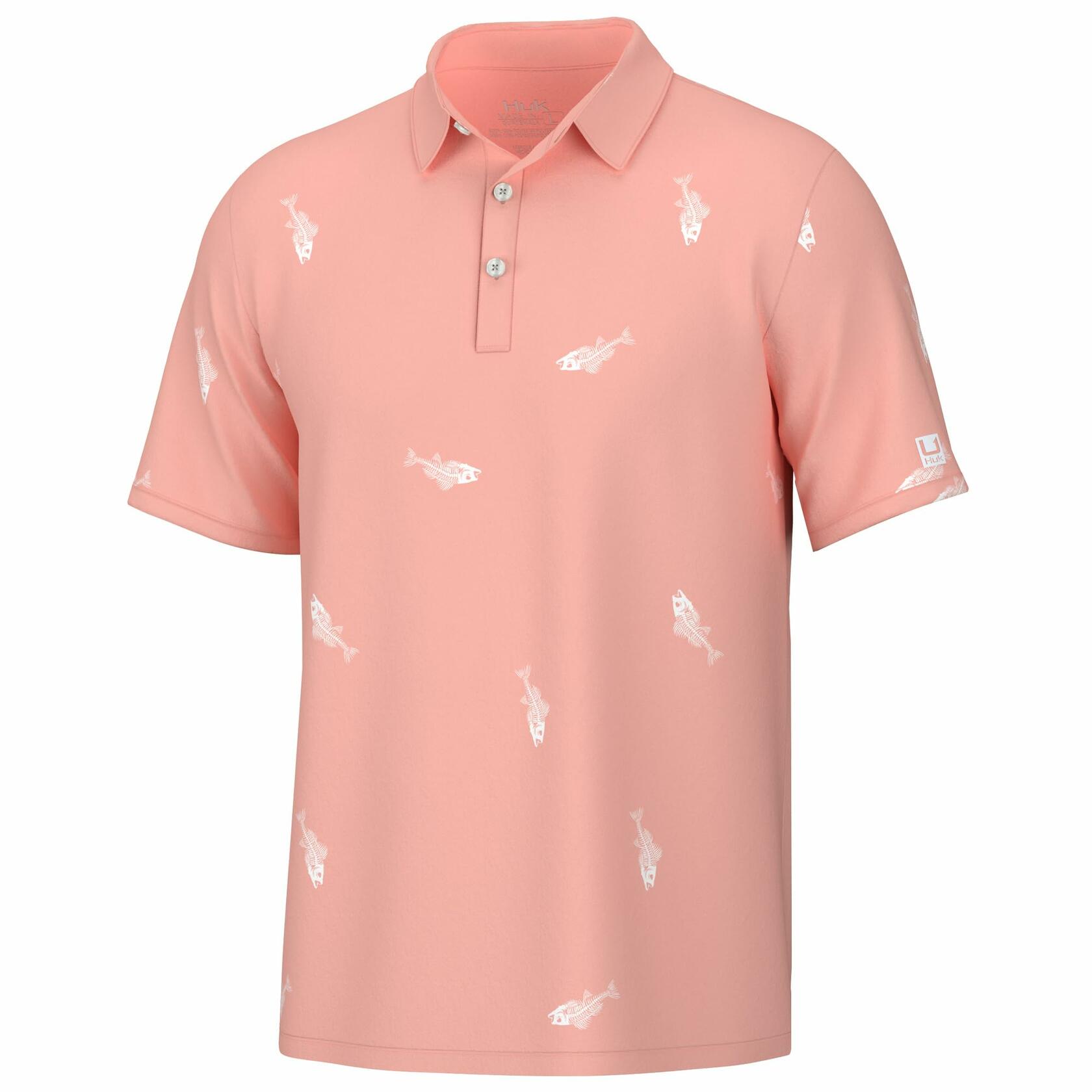 HUK Mens Pursuit Pattern Polo, Performance Short Sleeve Polo Shirt, Fresh Bones - Peach Nectar, XX-Large