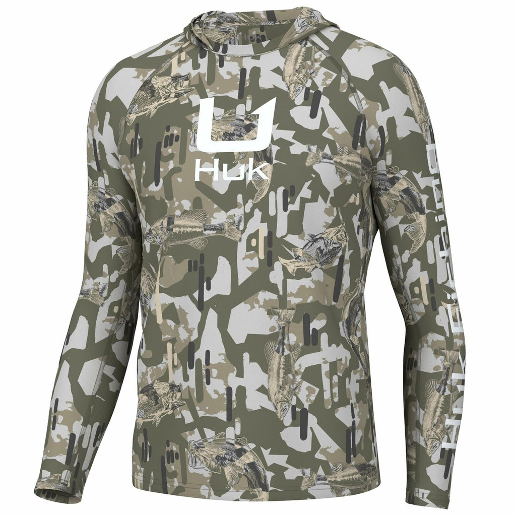 HUK Mens KC Scott Patterned Icon Hoodie, Hooded Fishing Shirt, Apex Vert - Moss, X-Large