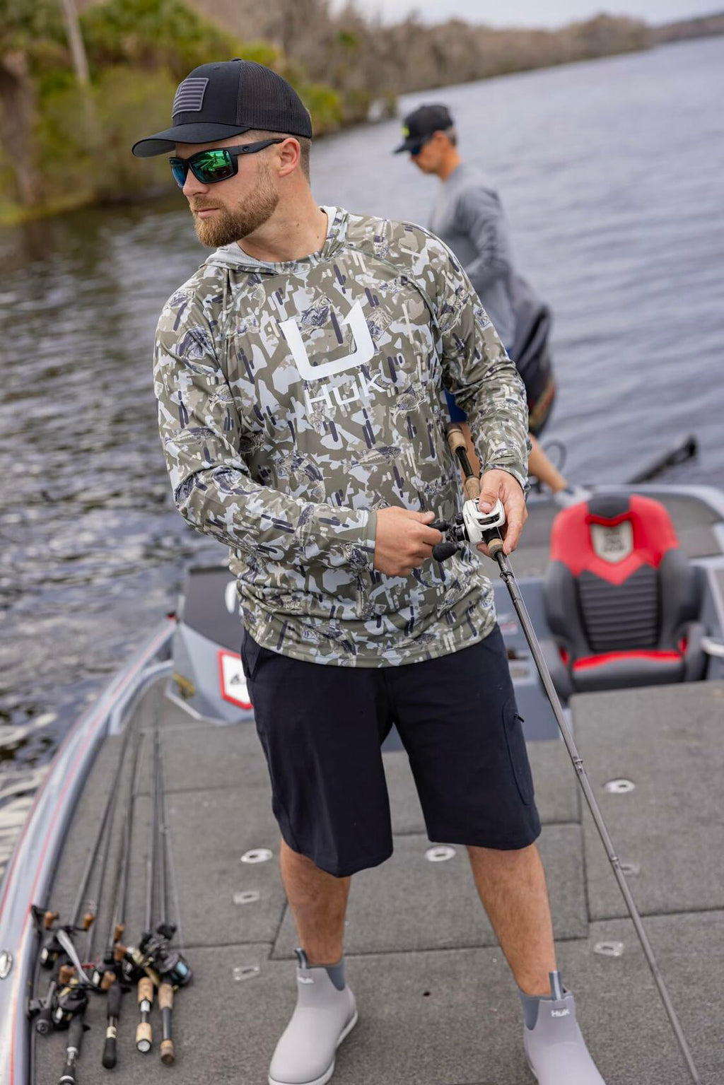 HUK Mens KC Scott Patterned Icon Hoodie, Hooded Fishing Shirt, Apex Vert - Moss, X-Large