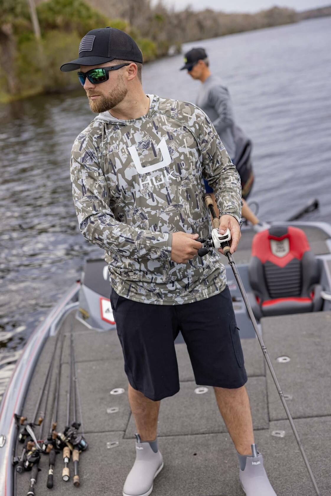 HUK Mens KC Scott Patterned Icon Hoodie, Hooded Fishing Shirt, Apex Vert - Moss, X-Large