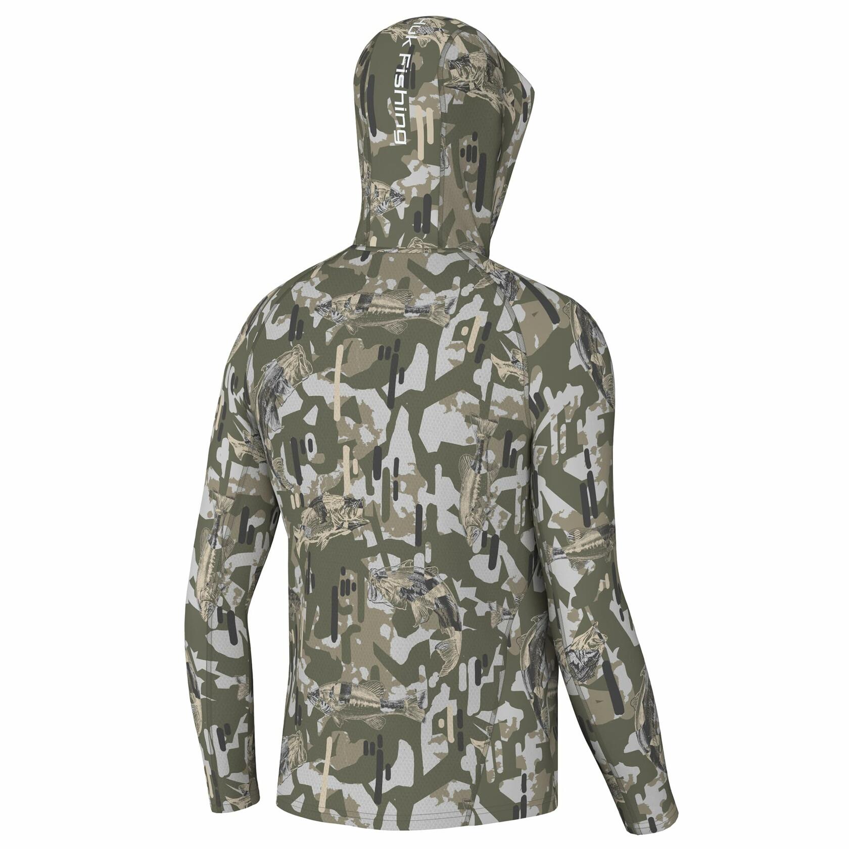 HUK Mens KC Scott Patterned Icon Hoodie, Hooded Fishing Shirt, Apex Vert - Moss, X-Large