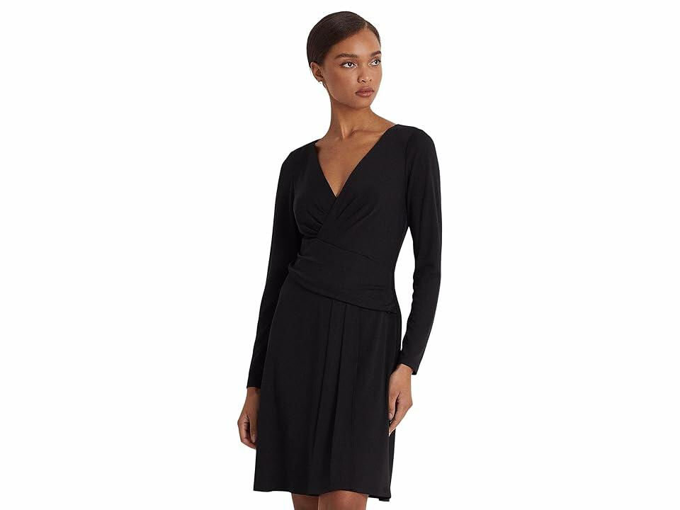 LAUREN Ralph Lauren Stretch Jersey Surplice Dress (Black) Women's Dress