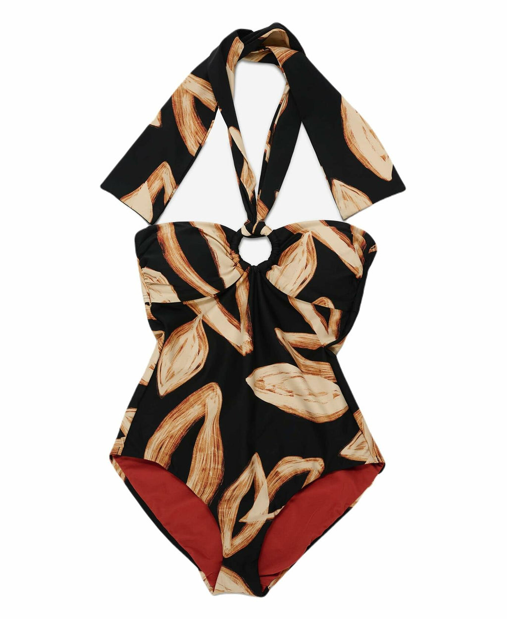 DKNY Women's Ring Halter Neck One Piece Swimsuit with Tummy Control, Mocha Multi, Large