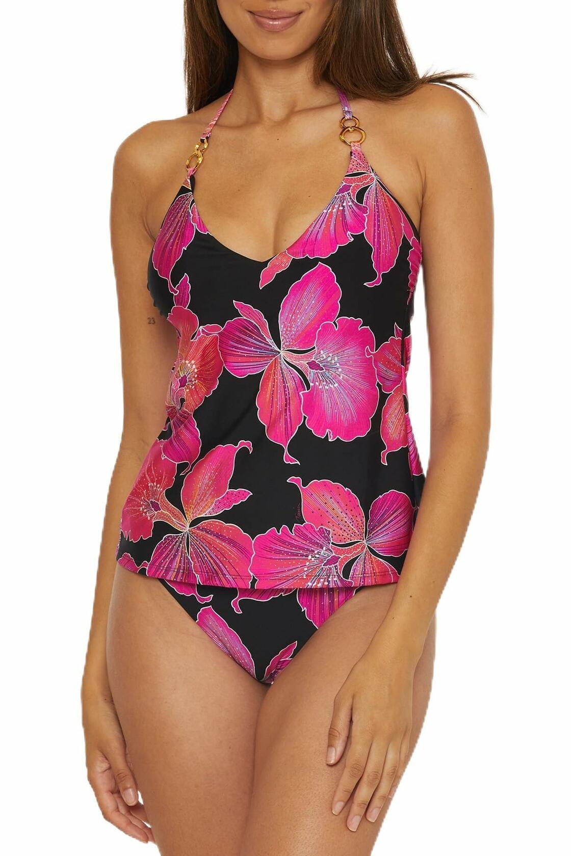 Trina Turk Fleury - Women's Chain Tankini, Plunge Neck, Floral Print, Beach Cover Ups for Women, Multicolor, 4