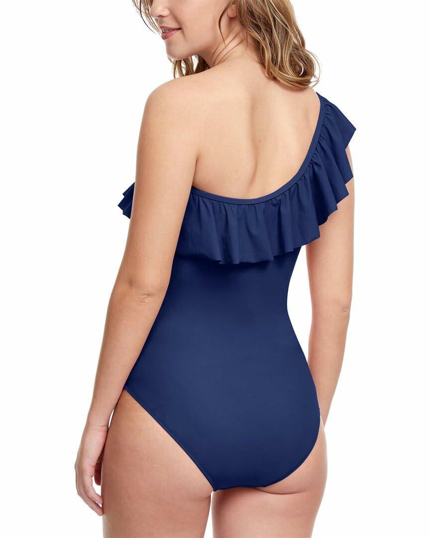 Profile by Gottex Women's Ruffle One-Shoulder One Piece Swimsuit, Tutti Frutti Navy, 12