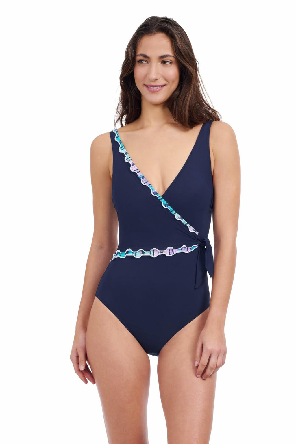 Profile by Gottex Women's Standard Harmony Blue Striped Print Ruffle Trim Halter Tankini Bathing Suit Top Swim Essential