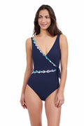 Profile by Gottex Women's Standard Harmony Blue Striped Print Ruffle Trim Halter Tankini Bathing Suit Top Swim Essential