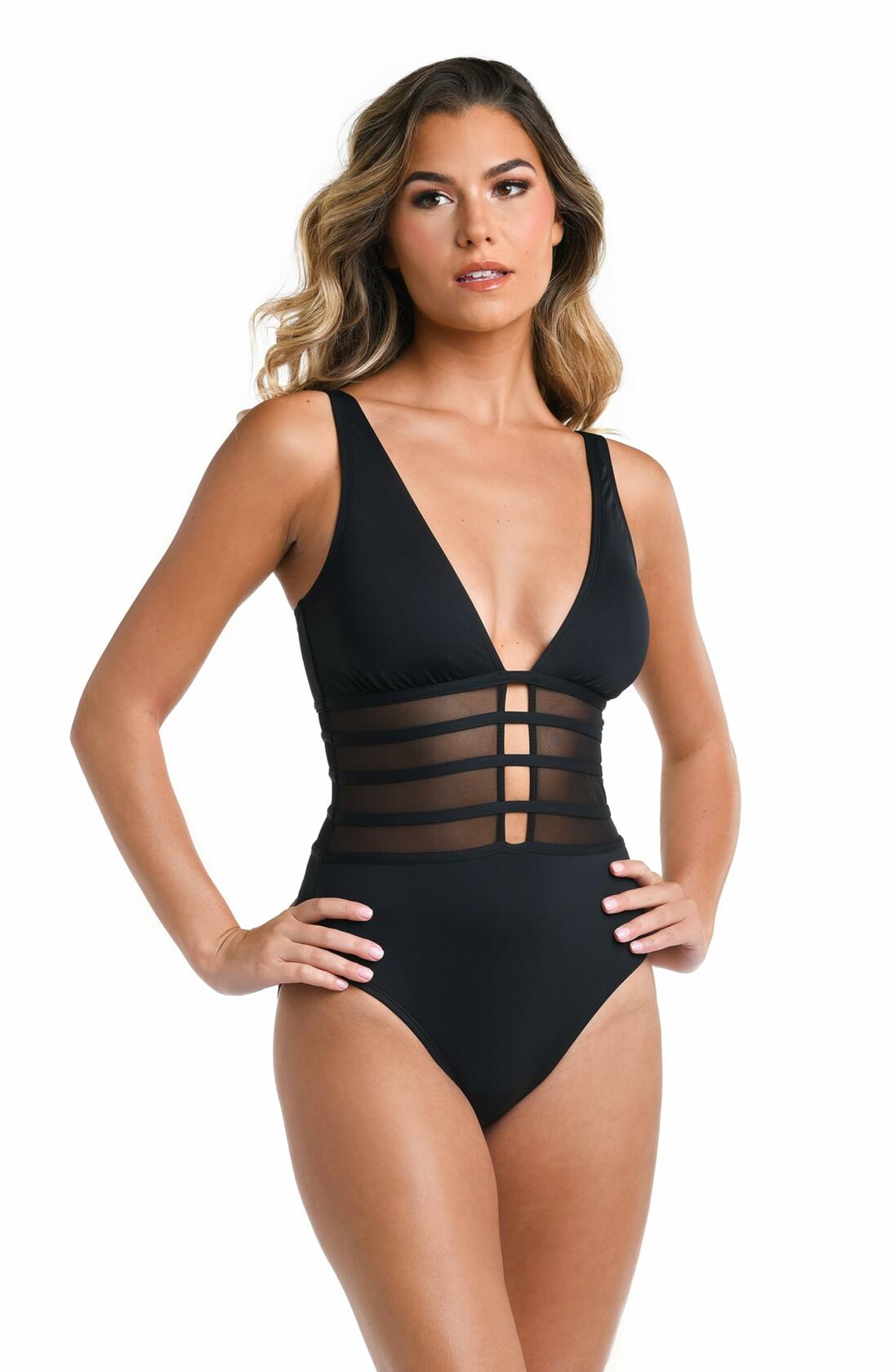 La Blanca Women's Island Goddess Mesh Over The Shoulder One Piece Swimsuit, Black, 12
