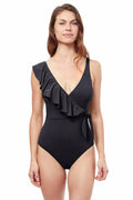 Profile by Gottex Women's Standard V-Neck Shoulder Ruffle One Piece, Black