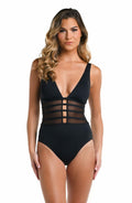 La Blanca Women's Island Goddess Mesh Over The Shoulder One Piece Swimsuit, Black, 12