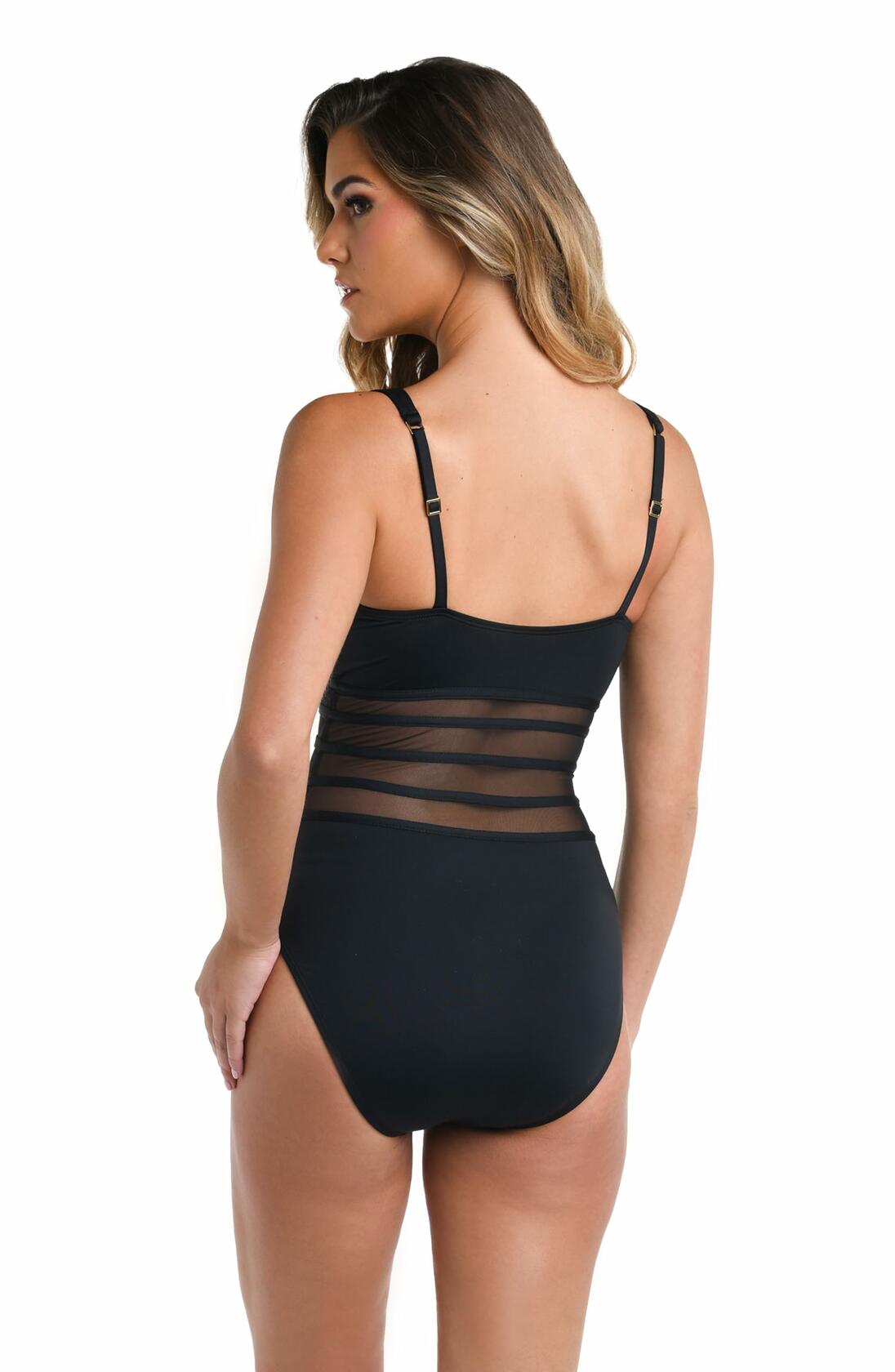 La Blanca Women's Island Goddess Mesh Over The Shoulder One Piece Swimsuit, Black, 12