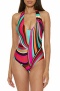 Trina Turk Women's Standard Swoop One Piece Swimsuit, Plunge Halter Neck, Bathing Suits, Multicolor