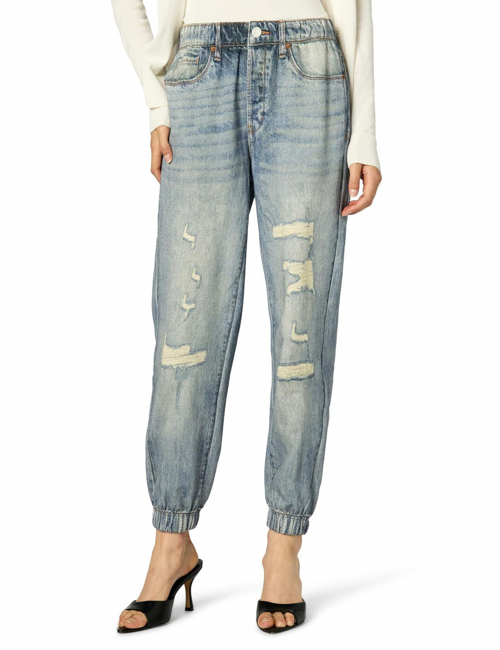 [BLANKNYC] Womens French Terry Distressed Printed Denim Jogger, Comfortable & Stylish Pants, Yes Please, Medium, Blue