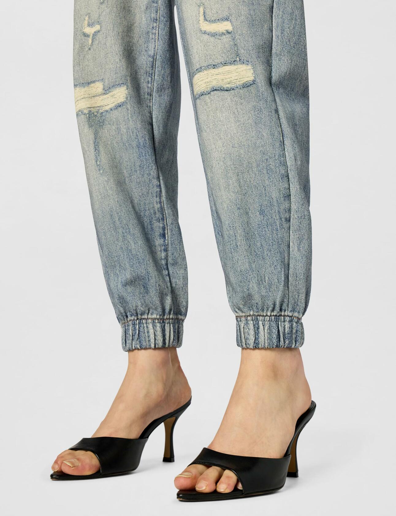[BLANKNYC] Womens French Terry Distressed Printed Denim Jogger, Comfortable & Stylish Pants, Yes Please, Medium, Blue