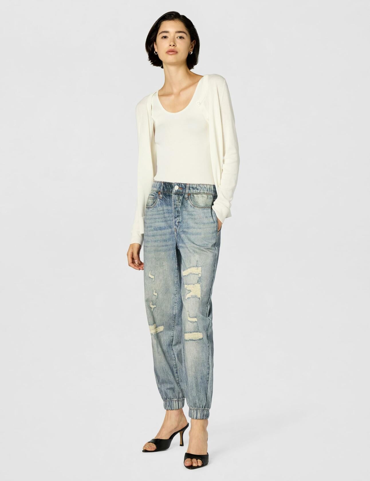 [BLANKNYC] Womens French Terry Distressed Printed Denim Jogger, Comfortable & Stylish Pants, Yes Please, Medium, Blue
