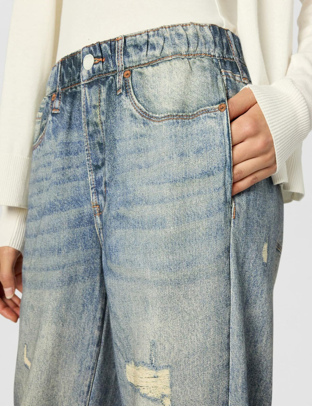 [BLANKNYC] Womens French Terry Distressed Printed Denim Jogger, Comfortable & Stylish Pants, Yes Please, Medium, Blue