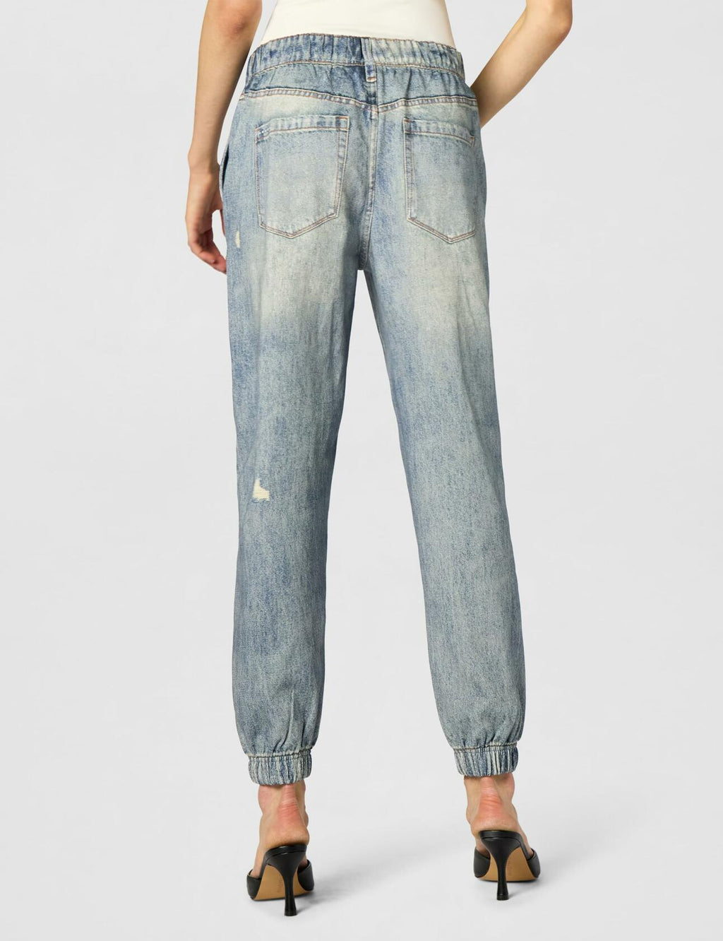 [BLANKNYC] Womens French Terry Distressed Printed Denim Jogger, Comfortable & Stylish Pants, Yes Please, Medium, Blue