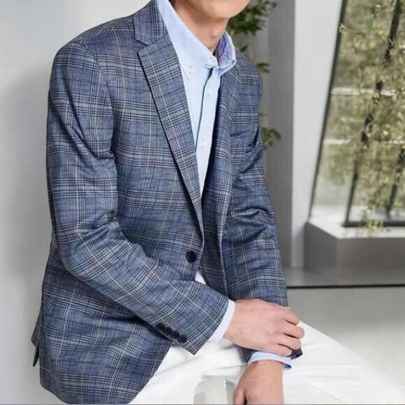 BAR III Men's Blue Tan Slim Fit Plaid Blazer Sportcoat Jacket Size 46L NWT