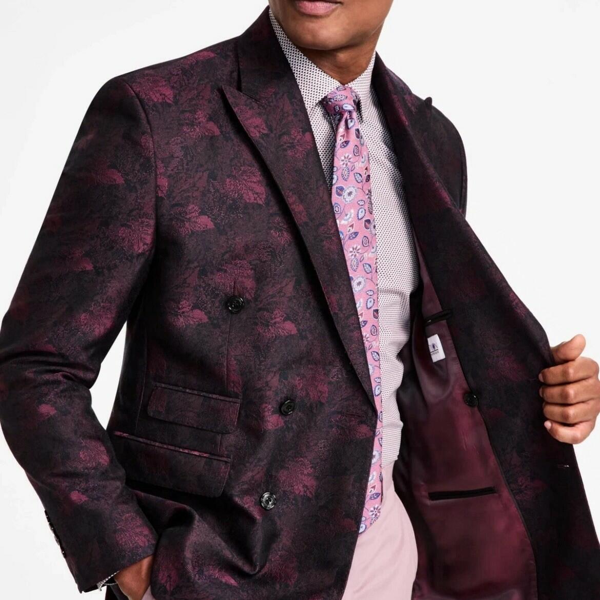 Tayion Double Breasted Wine Black Classic Fit Jacquard Dinner Jacket 44S New NWT