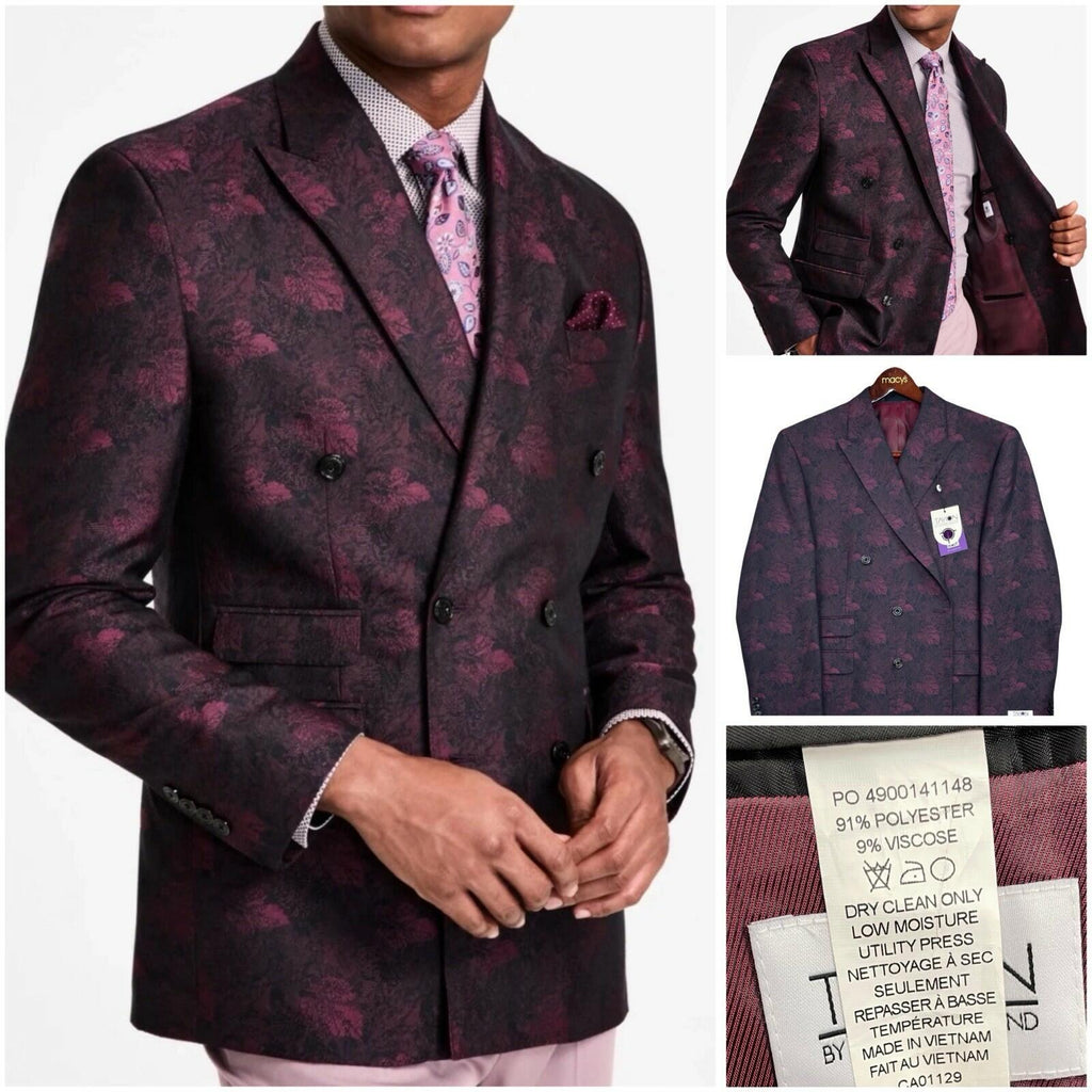 Tayion Double Breasted Wine Black Classic Fit Jacquard Dinner Jacket 44S New NWT