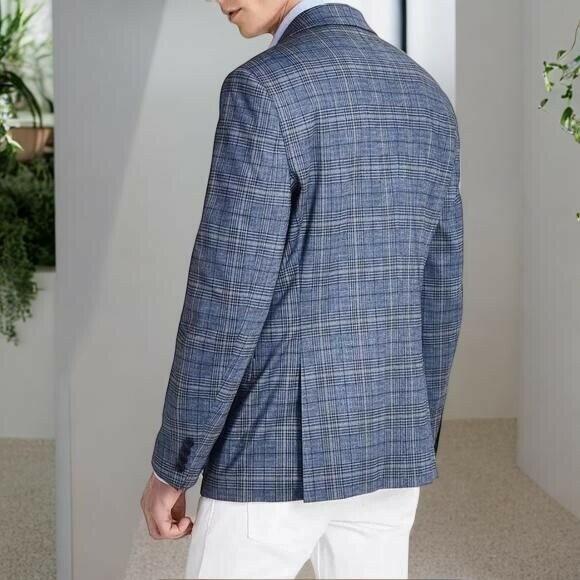 BAR III Men's Blue Tan Slim Fit Plaid Blazer Sportcoat Jacket Size 46L NWT