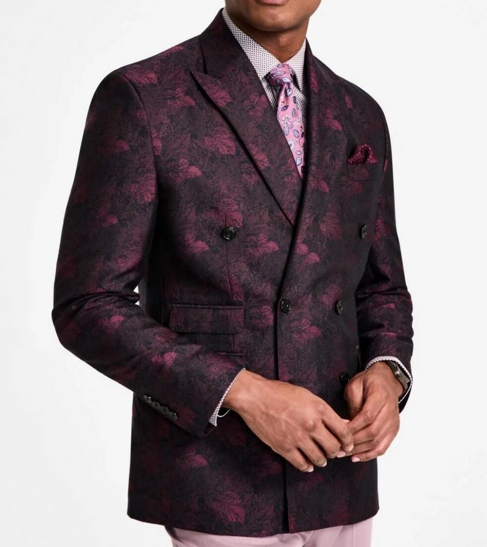 Tayion Double Breasted Wine Black Classic Fit Jacquard Dinner Jacket 44S New NWT
