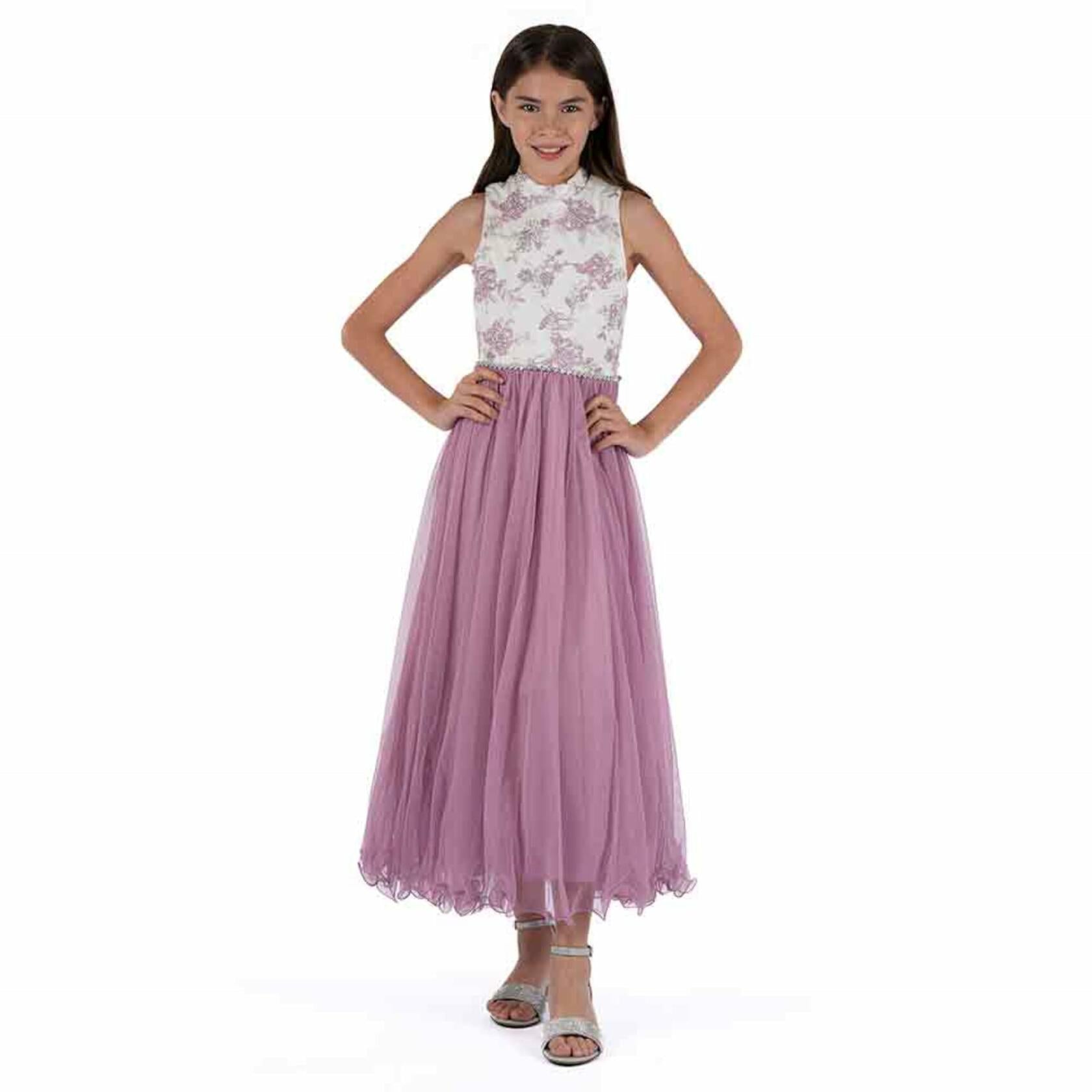 Speechless Girl's High Neck Full Length Party Special Occasion Dress, Ivory/Lavender, 12