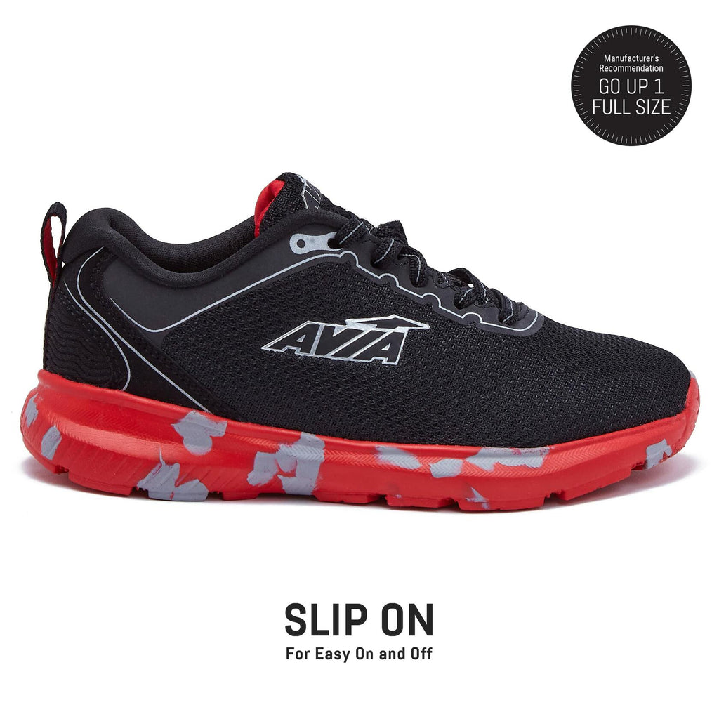 Avia Avi Factor Slip On Boys’ Sneakers - Tennis, Athletic, Running Shoes for Boys - Toddler, Little Kid, and Big Kid Sizes - Black/Red/Medium Grey, 6 Big Kid