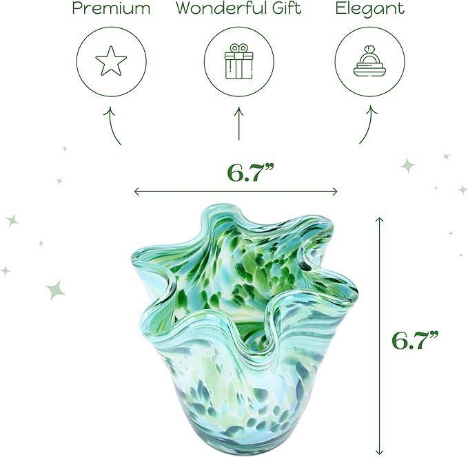 MEANT2TOBE Bud Vases - Hand Blown Glass Short Vase - 6.7x6.7x6.7-Inch Glass Vase with Irregular Neck Design Blown Glass Decor - Green Vase with Flat Bottom for Floral Arrangements (Green & Blue)