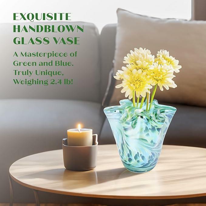 MEANT2TOBE Bud Vases - Hand Blown Glass Short Vase - 6.7x6.7x6.7-Inch Glass Vase with Irregular Neck Design Blown Glass Decor - Green Vase with Flat Bottom for Floral Arrangements (Green & Blue)