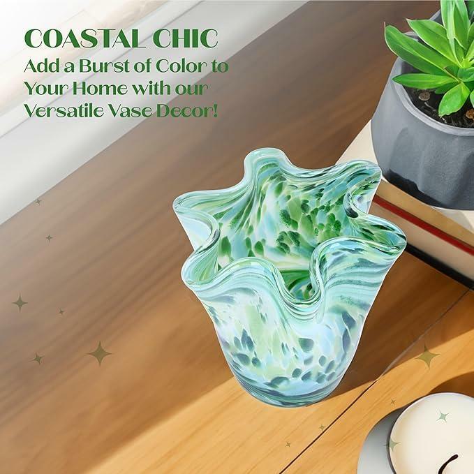 MEANT2TOBE Bud Vases - Hand Blown Glass Short Vase - 6.7x6.7x6.7-Inch Glass Vase with Irregular Neck Design Blown Glass Decor - Green Vase with Flat Bottom for Floral Arrangements (Green & Blue)