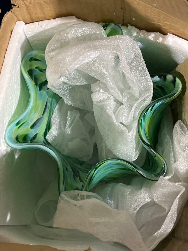 MEANT2TOBE Bud Vases - Hand Blown Glass Short Vase - 6.7x6.7x6.7-Inch Glass Vase with Irregular Neck Design Blown Glass Decor - Green Vase with Flat Bottom for Floral Arrangements (Green & Blue)