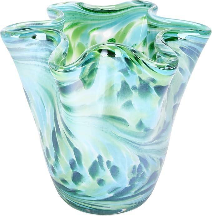 MEANT2TOBE Bud Vases - Hand Blown Glass Short Vase - 6.7x6.7x6.7-Inch Glass Vase with Irregular Neck Design Blown Glass Decor - Green Vase with Flat Bottom for Floral Arrangements (Green & Blue)