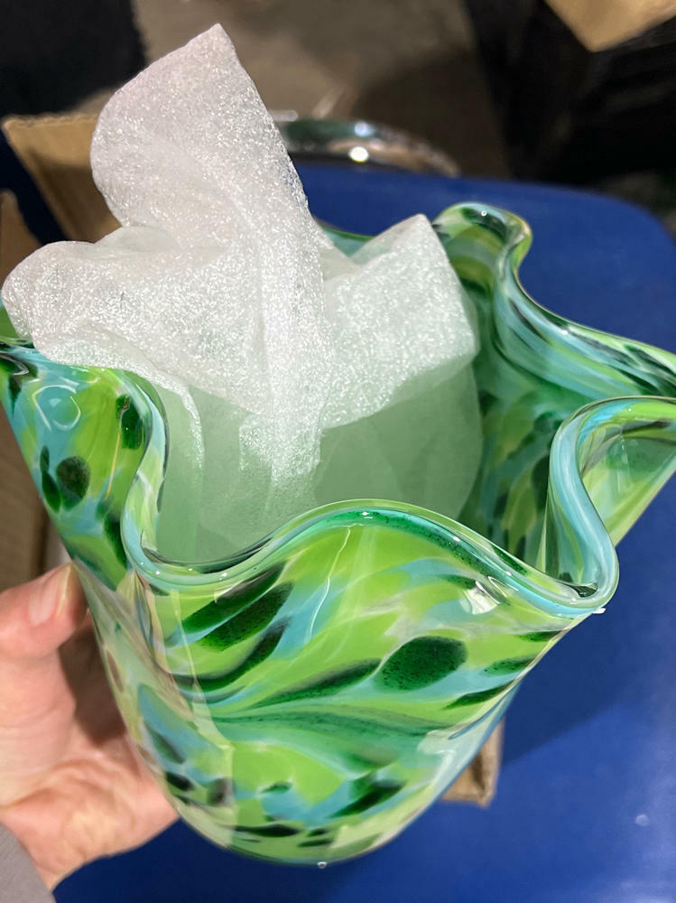MEANT2TOBE Bud Vases - Hand Blown Glass Short Vase - 6.7x6.7x6.7-Inch Glass Vase with Irregular Neck Design Blown Glass Decor - Green Vase with Flat Bottom for Floral Arrangements (Green & Blue)