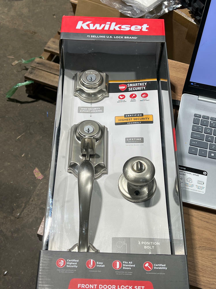 Kwikset Montara Front Door Lock Handle and Deadbolt Set, Entry Handleset Exterior with Interior Doorknob, Satin Nickel, Pick Resistant SmartKey Rekey Deadbolt Security, with Microban Protection