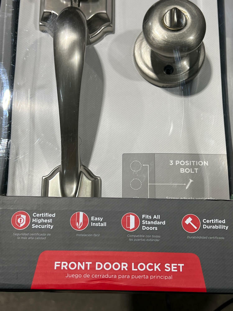 Kwikset Montara Front Door Lock Handle and Deadbolt Set, Entry Handleset Exterior with Interior Doorknob, Satin Nickel, Pick Resistant SmartKey Rekey Deadbolt Security, with Microban Protection