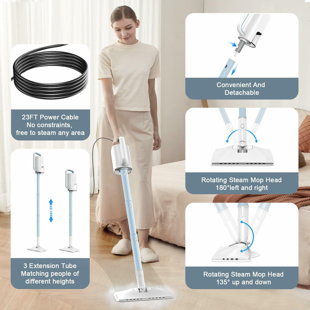 Steam Cleaner, 6 in1 Rotated Steam Mop Cleaner with 2 Modes, 2 Microfiber Pads, 370ML Removable Tank, 23FT Power Cable, Detachable Steam Mops for Floor, Laminate Floor, Tiles Cleaning (Azure) open box new