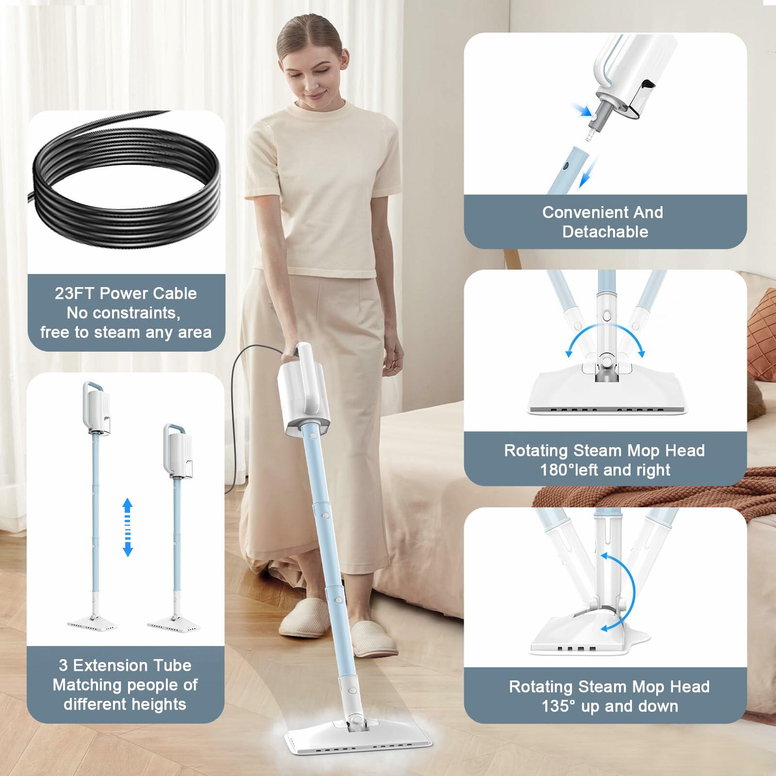 Steam Cleaner, 6 in1 Rotated Steam Mop Cleaner with 2 Modes, 2 Microfiber Pads, 370ML Removable Tank, 23FT Power Cable, Detachable Steam Mops for Floor, Laminate Floor, Tiles Cleaning (Azure) open box new