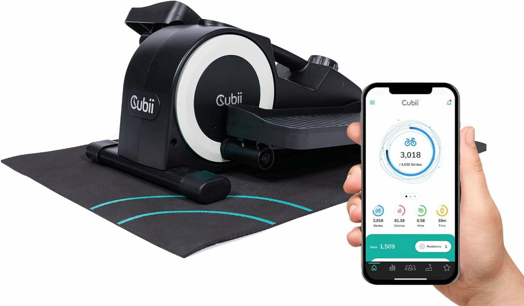 Cubii JR1+ Under Desk Elliptical Exercise Machine Bundle with Non Slip Mat - Compact, Quiet, Adjustable Resistance Levels, Portable, Bluetooth Connected for Adults and Seniors