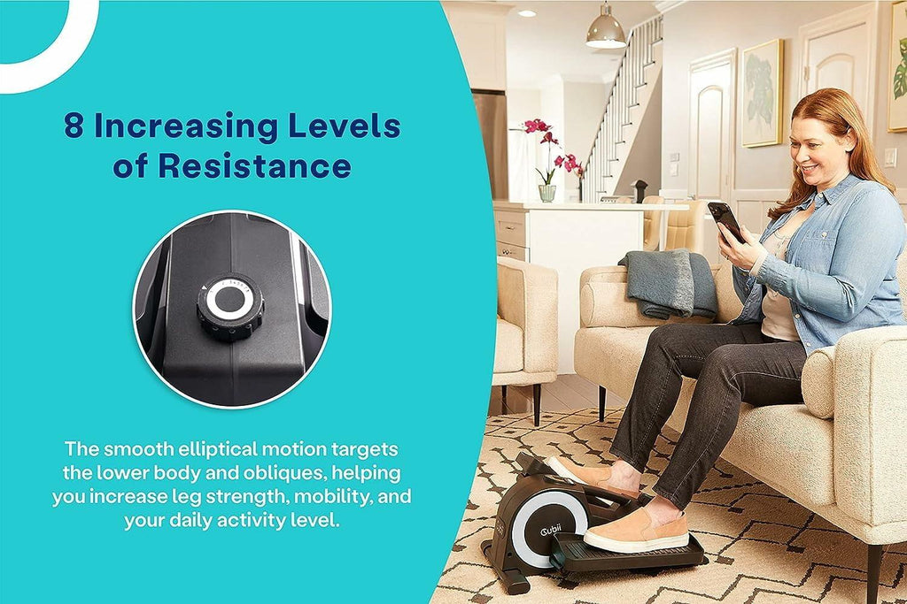 Cubii JR1+ Under Desk Elliptical Exercise Machine Bundle with Non Slip Mat - Compact, Quiet, Adjustable Resistance Levels, Portable, Bluetooth Connected for Adults and Seniors