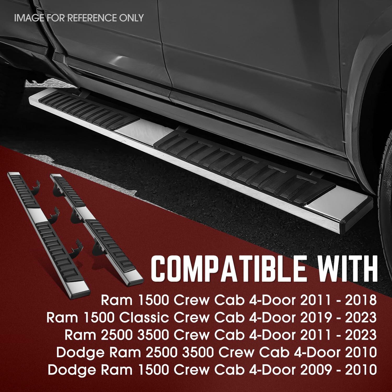 DNA Motoring 6.75" Wide Flat Running Boards Side Step Bars Compatible with 2011-2023 Ram 2500 3500 Crew Cab 4-Dr, Stainless Steel, Chrome/Black, STEPB-A-0029