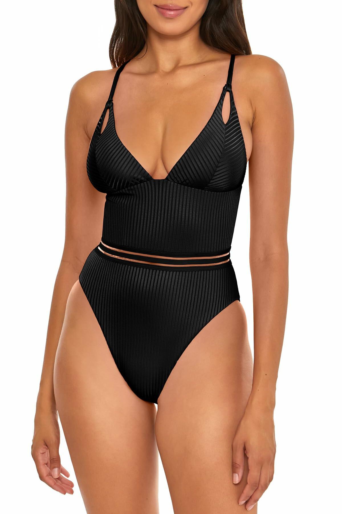 Isabella Rose Women's Standard Queensland High Leg One Piece Swimsuit, Plunge Neck, Bathing Suits, Black