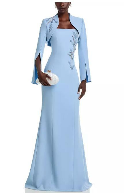 Teri Jon by Rickie Freeman Crepe Bead Trim Bolero & Strapless Gown