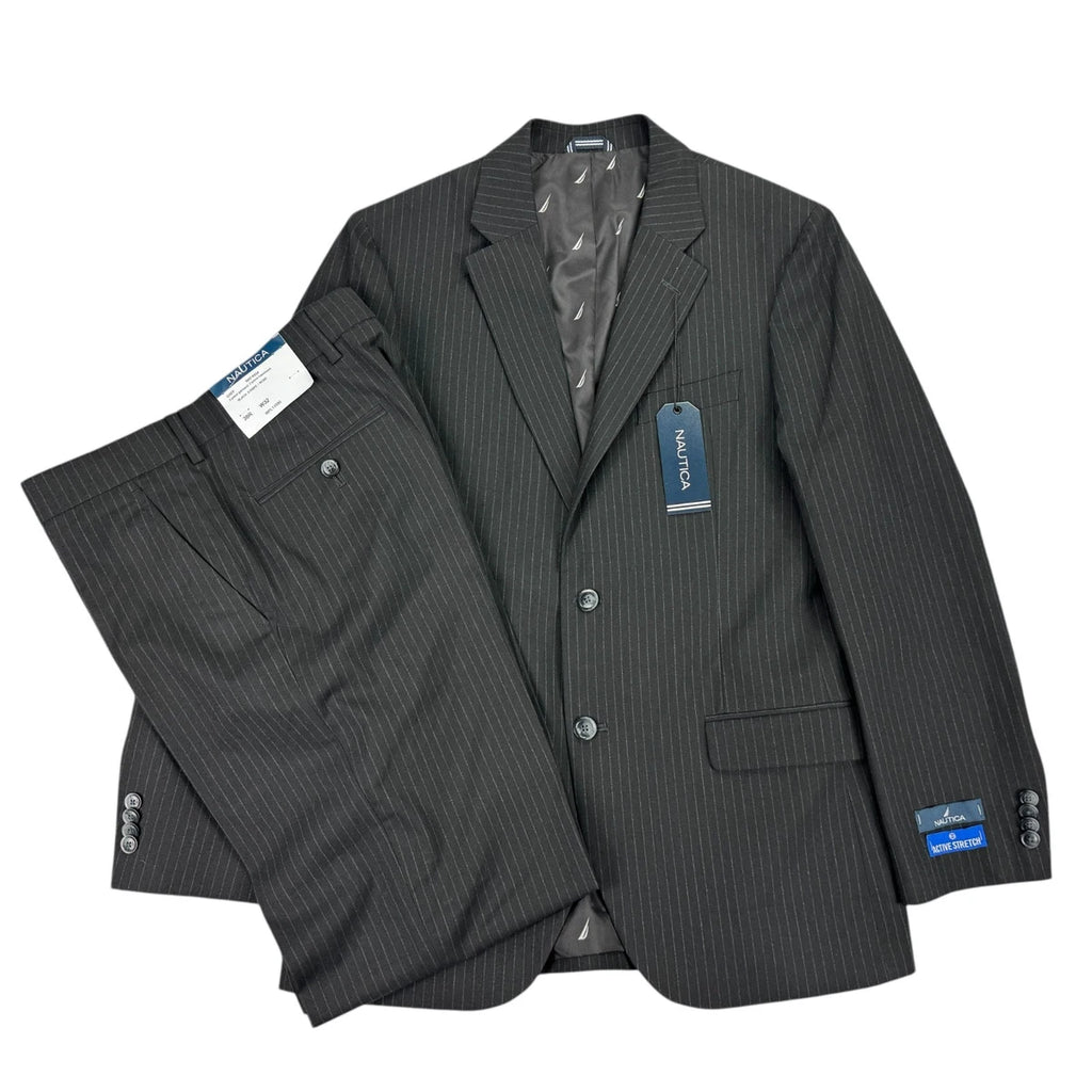 Nautica Mens Modern fit 2 Piece Suit 38 R / 32 Waist Black Striped Stretch