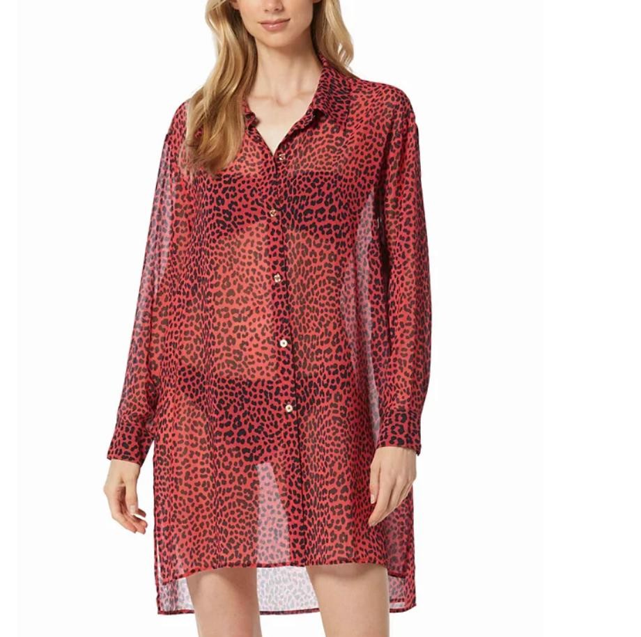 Michael Kors Women's Animal-Print Sheer Red/Black Cover-Up Shirt M