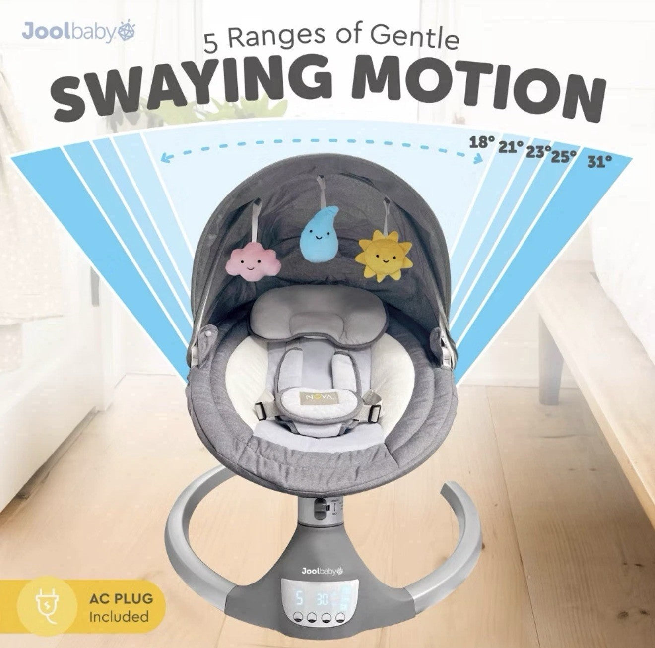 JOOL BABY Nova Signature Motorized Infant Baby Swing - Gray (2024 ver) Bluetooth