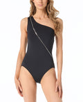 Michael Kors Women's Zip Front One Shoulder One Piece Swimsuit Black Size 6